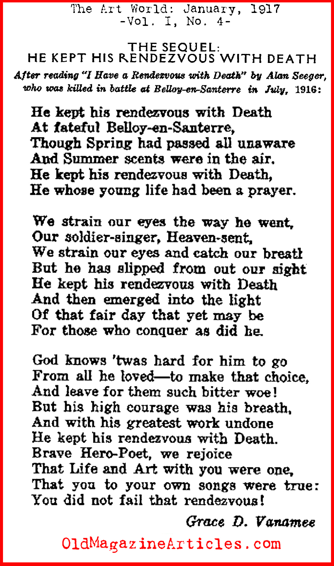 Alan Seeger: He Did Not Fail That Rendezvous (The Art World, 1917)